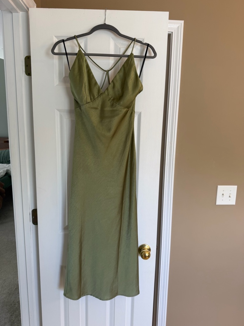 Hello Molly “Text Me Later” Olive Green Satin Midi Slip Dress